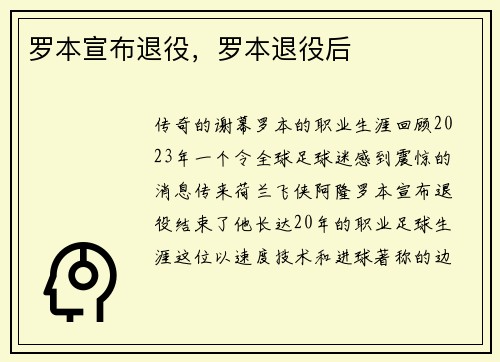 罗本宣布退役，罗本退役后