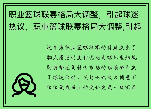 职业篮球联赛格局大调整，引起球迷热议，职业篮球联赛格局大调整,引起球迷热议的原因是