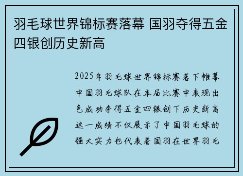 羽毛球世界锦标赛落幕 国羽夺得五金四银创历史新高