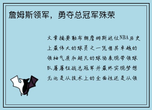 詹姆斯领军，勇夺总冠军殊荣