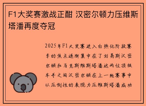 F1大奖赛激战正酣 汉密尔顿力压维斯塔潘再度夺冠