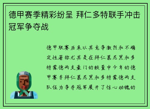德甲赛季精彩纷呈 拜仁多特联手冲击冠军争夺战